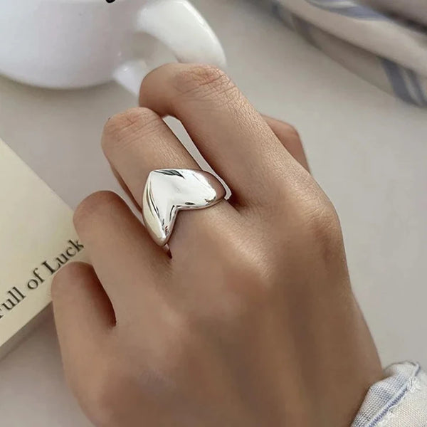 Size-adjustable wide silver "Love Me" heart ring