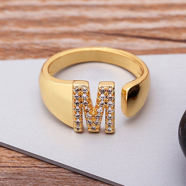 Wide golden adjustable ring with selectable letter