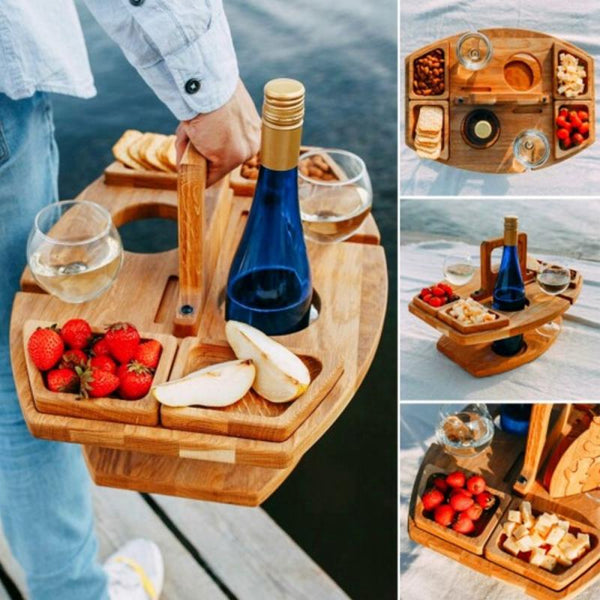 Noble portable picnic table made of wood with wine glass holder