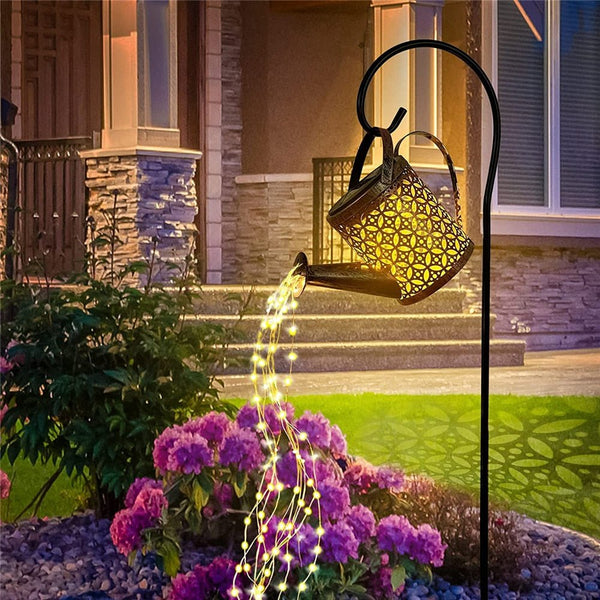 Hanging Solar Outdoor Watering Can with Waterfall String Lights & Stand