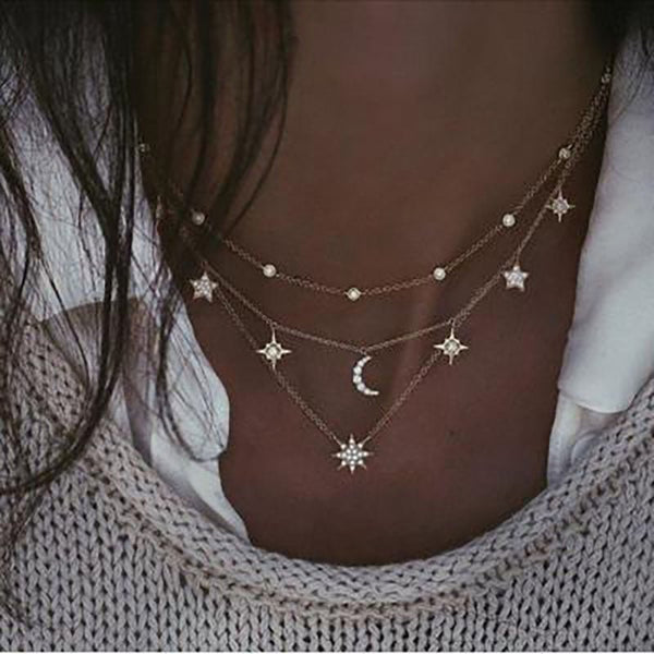 Mehrlagige Boho Kette mit Mond Anhänger